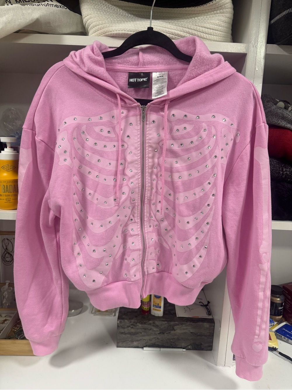 Hot Topic Pink Rhinestone Skeleton Zip-Up Hoodie Size Medium - Picture 3 of 7